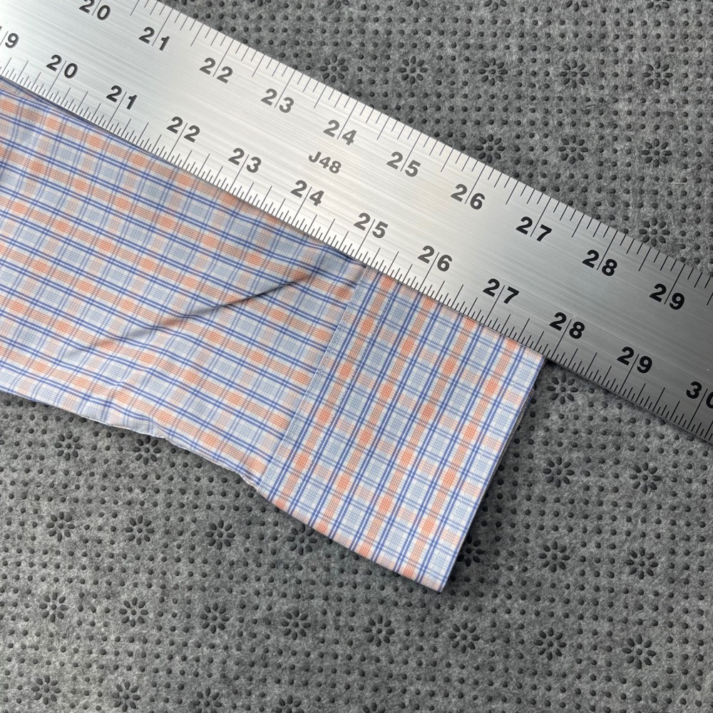 David Donahue Performance Trim Fit Dress Shirt Mens 16.5 36/37 Blue Orange Plaid - Picture 4 of 10